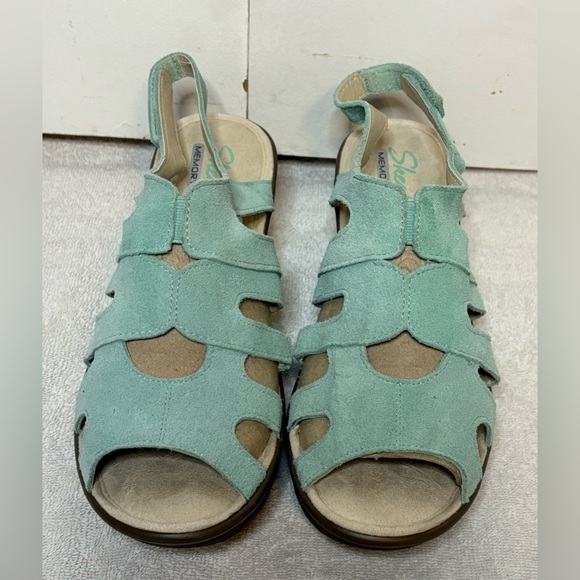 NWOT Skechers Parallel Stylin Wedge Strappy Sandal Mint Suede Size 8.5 - Picture 2 of 9